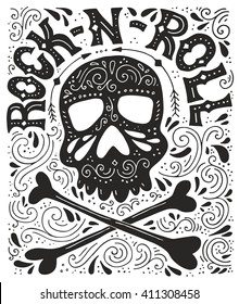 Unique lettering with sign rock-n-roll and illustration of a skull. Vector typography. Design of a t-shirt, bag or other apparel. Illustration for rock concert.
