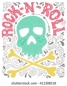 Unique lettering with sign rock-n-roll and illustration of a skull. Vector typography. Design of a t-shirt, bag or other apparel. Illustration for rock concert.

