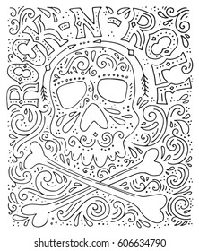 Unique lettering with sign rock-n-roll and illustration of a skull. Vector typography. Design of a t-shirt, bag or other apparel. Illustration for rock concert.
