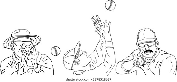 Unique Line Art Illustration of Different Styles of Cricket Player Taking Catches, The Art of Catching: Line Art Sketch of Cricket Players in Various Fielding Positions