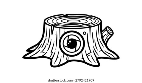 Unique line art illustration of a tree stump featuring an integrated camera lens, perfect for creative photography and nature-themed designs.