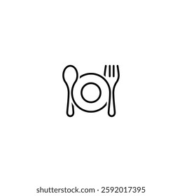 Unique line design of spoon, plate and fork. Sign and symbol of restaurant, cafe. Food tool set. Illustration design of eat, dinner, cutlery. Mono line vector design of kitchen. Spoon, dish, fork logo