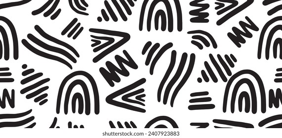 unique line doodle seamless pattern for kids birthday party or celebration background, trendy design with scribble shapes on blue backdrop.