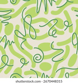 unique line doodle seamless pattern for kids birthday party or celebration background, trendy design with scribble shapes on blue backdrop.