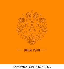 Unique line illustration of bees, spoons, flowers and decorative elements. Honey and beekeeping theme. Vector art
