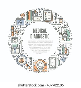 Unique line style vector illustration with different medical machines and gear. Medicine and chemical engineering. Healthcare poster or banner template.