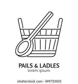 Unique Line Style Vector Logotype Template with Pail and Ladle. Clean and minimalist symbol perfect for your business. Sauna relaxation concept.