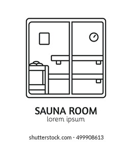 Unique Line Style Vector Logotype Template with Sauna Room. Clean and minimalist symbol perfect for your business. Sauna relaxation concept.