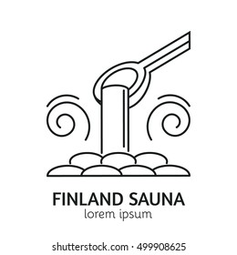 Unique Line Style Vector Logotype Template With Steam Room Process - Pouring Water On The Stones. Clean And Minimalist Symbol Perfect For Your Business. Sauna Relaxation Concept.