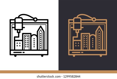 Unique linear icon of 3d architecture. 3D Printing, modeling. Suitable for infographics, websites, print media and interfaces