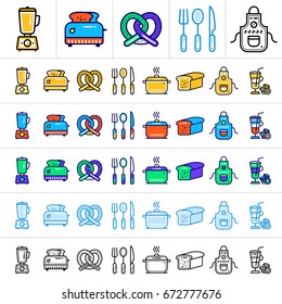 Unique linear icons with different color of bakery, cooking. Suitable for banners and other types of design