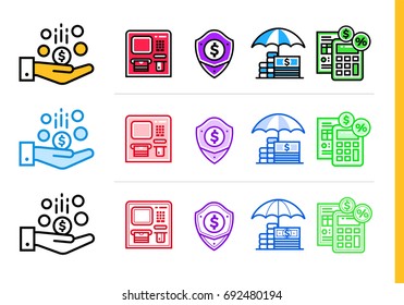 Unique linear icons with different color of finance, banking. Suitable for banners and other types of design