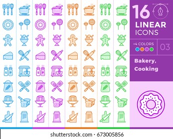 Unique linear icons set of bakery, cooking. With different colors suitable for banners and other types