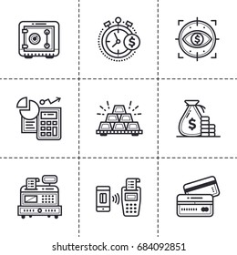 Unique linear icons set of finance, banking. High quality modern icons suitable for print media, info graphics and interfaces