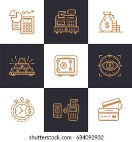 Unique linear icons set of finance, banking. High quality modern icons suitable for print media, info graphics and interfaces
