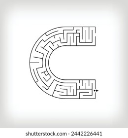 Unique linear letter C maze puzzle. Confusing game and educational activity set.