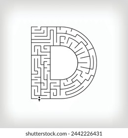 Unique linear letter D maze puzzle. Confusing game and educational activity set.