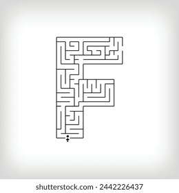 Unique linear letter F maze puzzle. Confusing game and educational activity set.