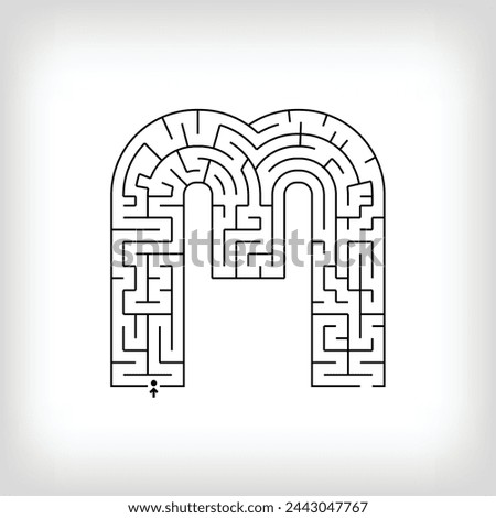 Unique linear letter M maze puzzle. Confusing game and educational activity set.