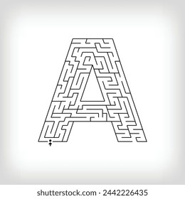 Unique linear letter A maze puzzle. Confusing game and educational activity set.