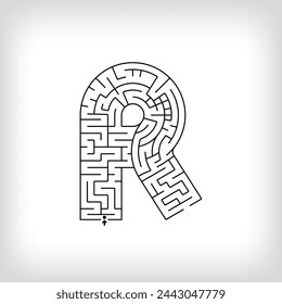 Unique linear letter R maze puzzle. Confusing game and educational activity set.