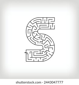 Unique linear letter S maze puzzle. Confusing game and educational activity set.