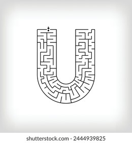 Unique linear letter U maze puzzle. Confusing game and educational activity set.