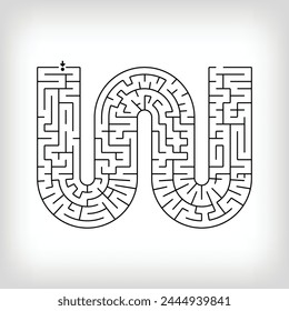 Unique linear letter W maze puzzle. Confusing game and educational activity set.