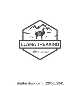 A unique llama trekking mountain logo design, showcasing a llama with mountain peaks, perfect for eco-tourism, outdoor adventure brands, hiking groups, and nature exploration services. Ideal for natur