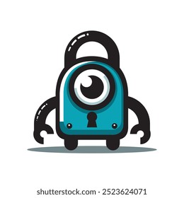 A unique lock-shaped robot character with a single eye, bold black arms, and a keyhole in the center. This playful mascot combines security and tech elements.