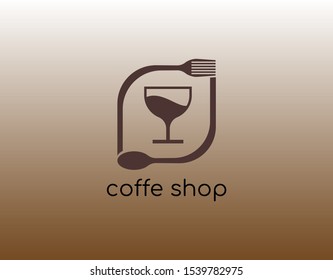 Unique Logo Coffee Shop with Modern Concept. Designed with Chocolate Glass be surrounded by Spoon and Fork Icon Image. Suitable for Restaurant or Coffee Shop Logo. Vector Illustration.