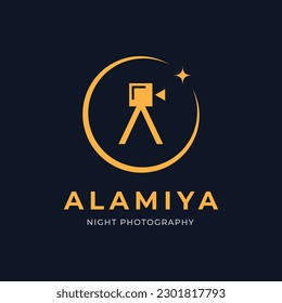 A unique logo combination of letters A, camera, moon and stars. It is suitable for use for photography logos.