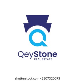 Unique logo combination of q, magnifying glass and locking stone. It is suitable for use as a housing or building search logo.