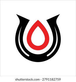 Unique logo combining a black horseshoe with a central red drop, suitable for veterinary clinics, equine health services, or metalworking and oil industries.