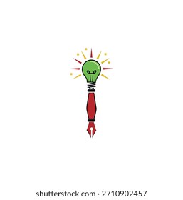 Un logotipo único para ideas creativas y escritura, reemplazando la parte superior de una pluma estilográfica clásica con una bombilla brillante, simbolizando la invención, la educación y la capacidad creativa.