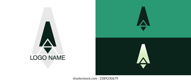 A unique logo design featuring a modern geometric shape in vibrant green hues. The logo showcases a minimalist approach with an abstract symbol positioned centrally against contrasting backgrounds.