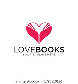 Unique logo design idea with heart shape and books in negative space. Icon layout for bookstore or library. Writing, reading and education theme.