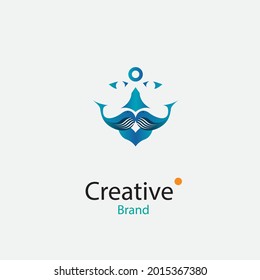 A unique logo in the form of two whales meeting each other to form a mustache. Sales industry symbol. Whale face and fish