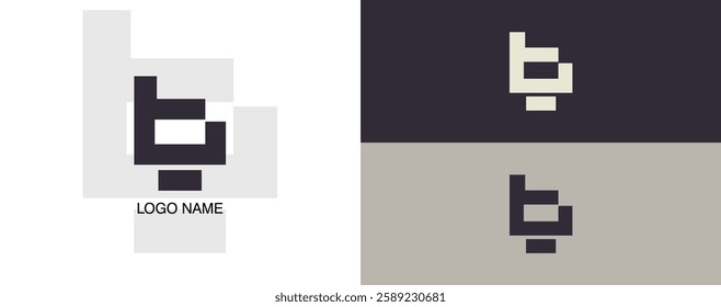 A unique logo showcases geometric letters in a minimalist style. The design features contrasting colors of black, white, and grey, emphasizing clarity and creativity in branding.