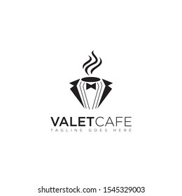 unique logo valetcafe, with valet uniform and negative space a glass coffee vector  