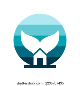 unique logo of whale tail, house and sunset