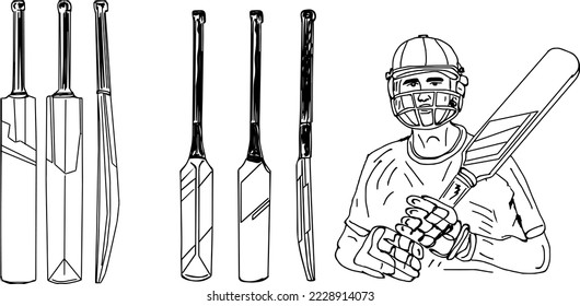 Mango largo único bate corto de cricket con cuchillas cortas, hoja más corta más larga boceto de cricket dibujo ilustración de vector, jugador de cricket sosteniendo mano con palo de mango largo, equipo de cricket clipart y sypart