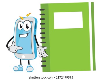 Unique Lovely smartphone funny mobile character presenting pointing indicating a big notebook diary notepad blank empty template