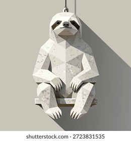 Eine einzigartige Low-Poly-Skulptur aus einem Faultier, in einem minimalistischen geometrischen Stil gerendert, hängt auf neutralem Hintergrund.