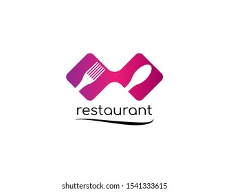Unique and Luxury Logo of Restaurant. Design with Spoon dan Fork Icon Image in Negative Space on Red Gradient Square Shape. Suitable for Restaurant and Coffee Shop Logo. Vector illustration.