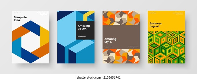 Unique magazine cover design vector layout bundle. Abstract geometric hexagons placard illustration set.