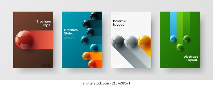 Unique magazine cover design vector layout bundle. Geometric 3D balls booklet illustration composition.