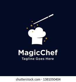 unique Magic Chef logo with chef hat and wand concept design. food master emblem symbol icon