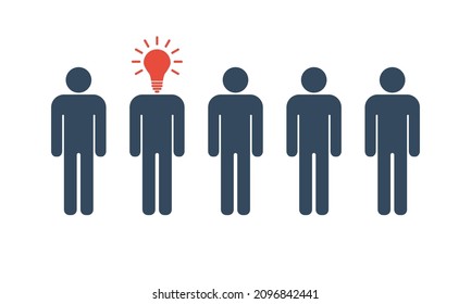 hombre único con bombilla entre otros, trabajo en equipo o concepto de idea