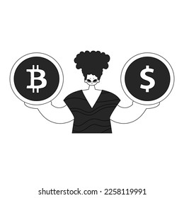 Unique man holding bitcoin and dollar coin. Linear black and white style.